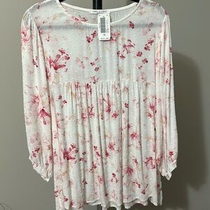 Sz S ⭐️NWT Chris & Carol Ivory/Pink Floral Flowy Bubble Sleeve Summer Top.